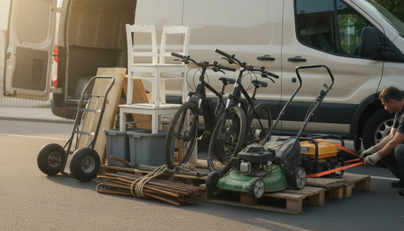 En varevogn læsser blandet storskrald ved fortovet med to elcykler, en plæneklipper og en generator.
