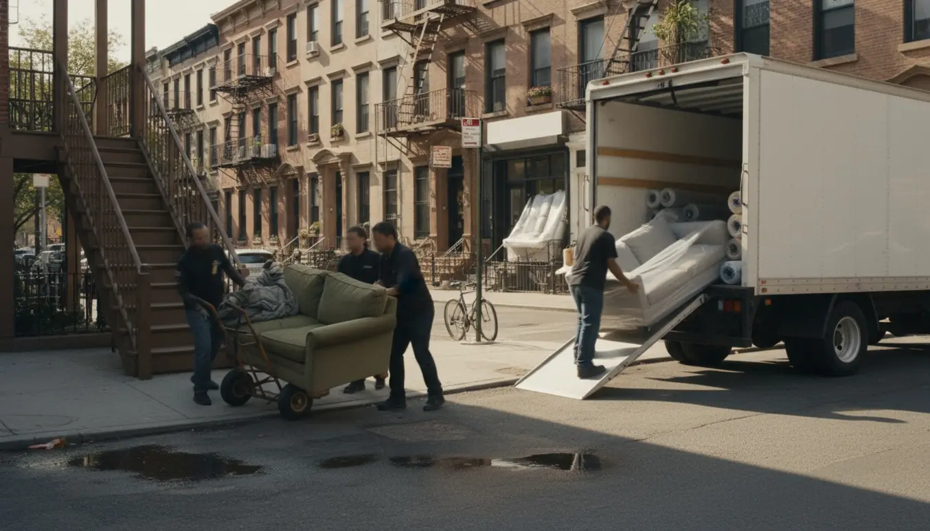 Flyttefolk bærer en sofa ned fra fjerde sal mod en flyttevogn, mens en ny sofa bliver læsset fra en møbelbutik.