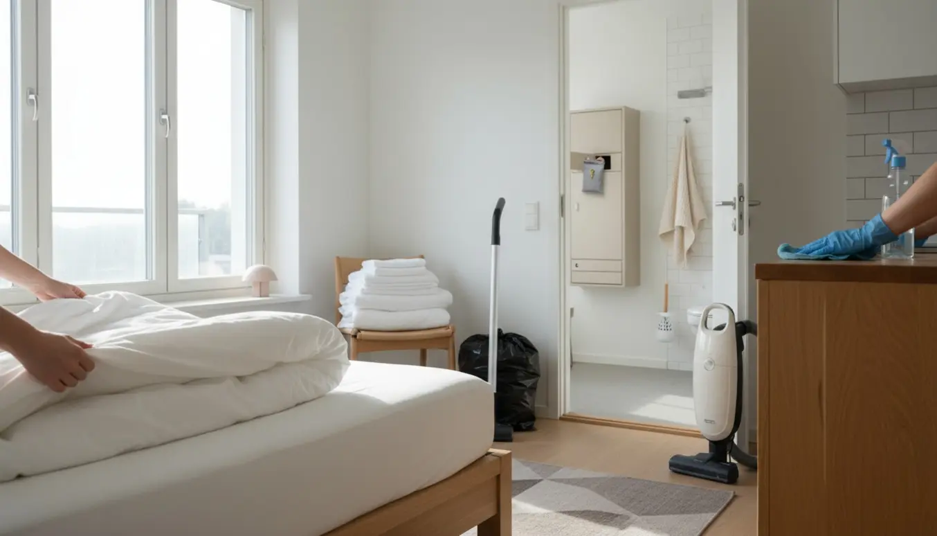 Hænder lægger friskt sengetøj på en seng i en solbeskinnet Airbnb-lejlighed, mens en nøglepose sættes i en neutral pakkeboks i baggrunden.