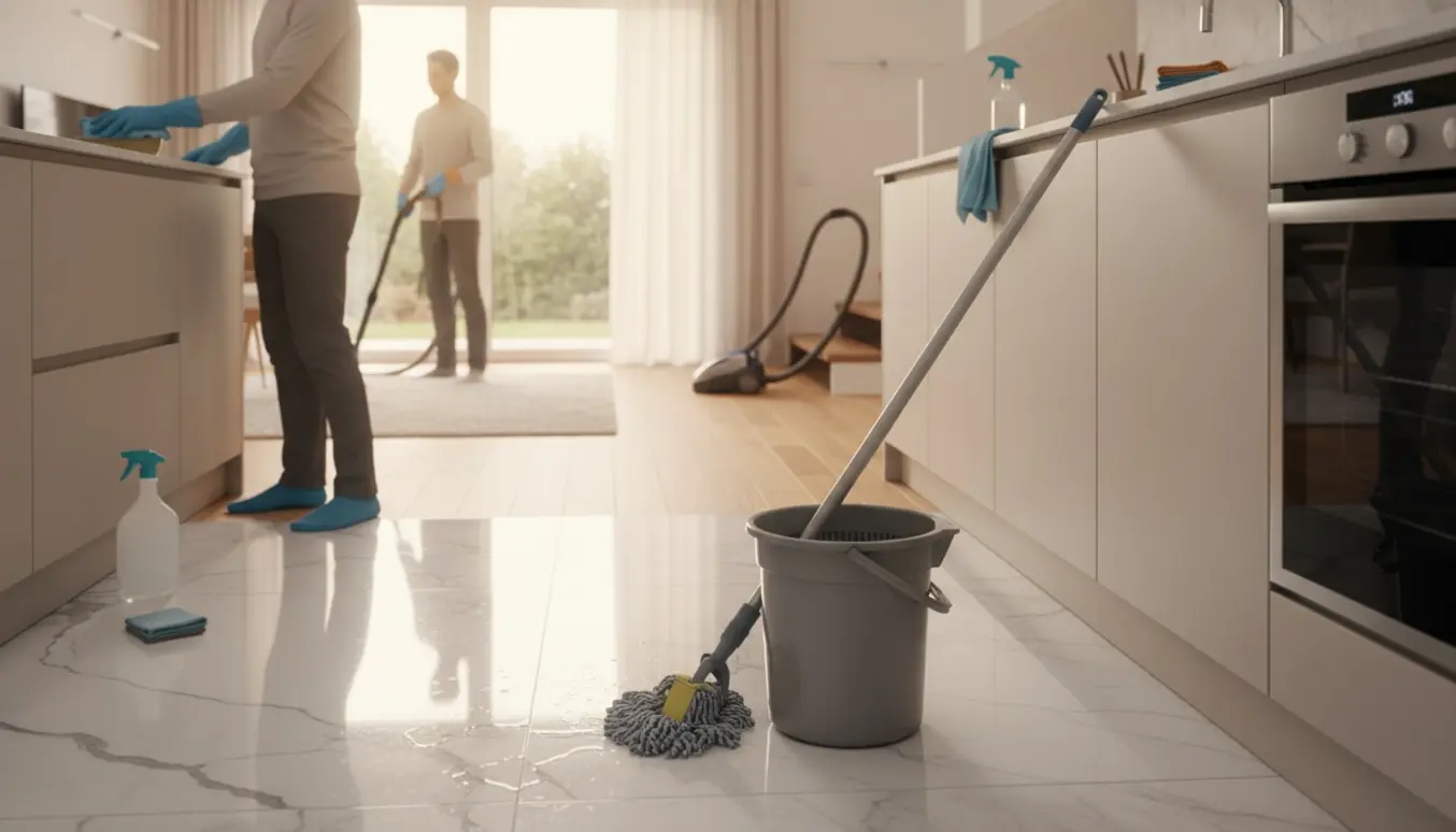 Grundig rengøring i et lyst hjem med moppet marmorgulv, pudset køkkenstål og støvsugning af stuen.