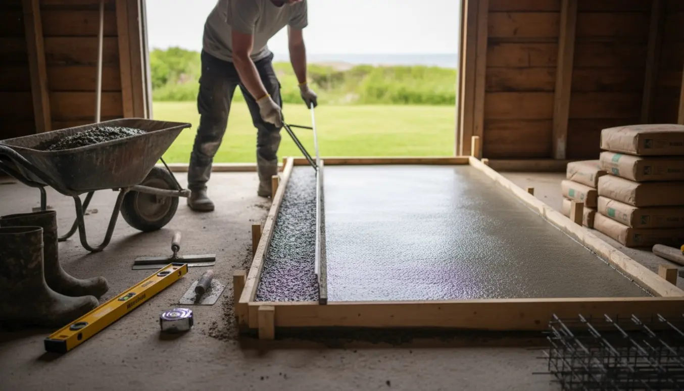 Nærbillede af hænder, der glatter friskstøbt beton i et udhus ved et sommerhus.
