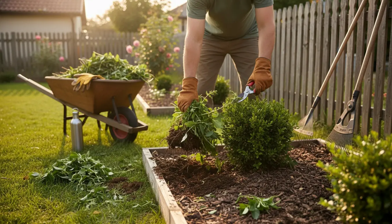 Soloplyst havearbejde med handsker der trækker ukrudt og beskæringssaks, uden synlige ansigter.