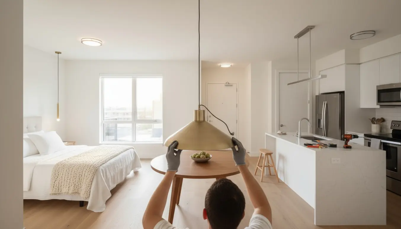 Installatører monterer lamper i spisebord, soveværelse, entré og køkken med værktøj og stige, ansigter ikke synlige.