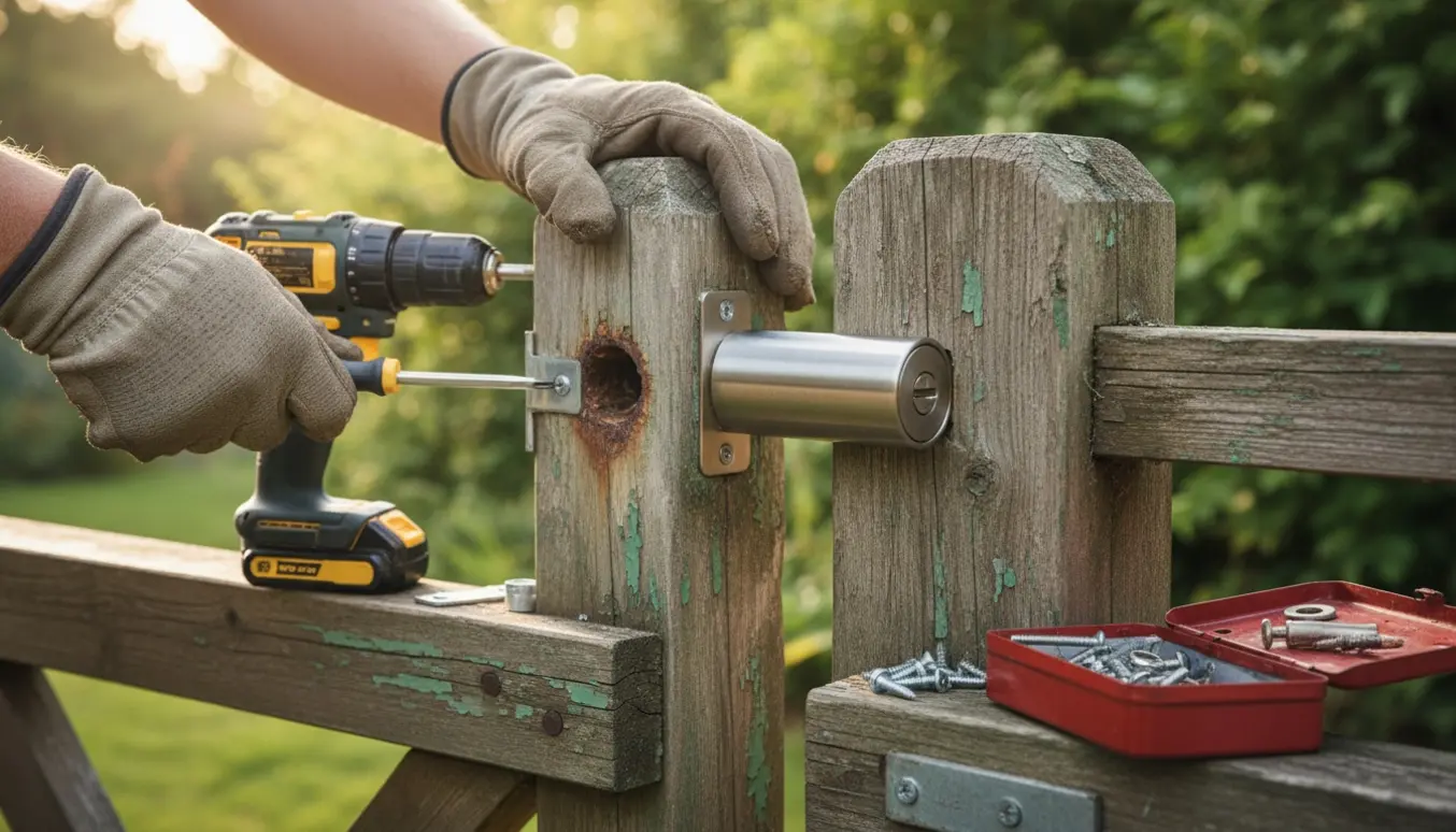 Nærbillede af hænder, der udskifter en rusten havelås på en vejrslidt træport med værktøj omkring.