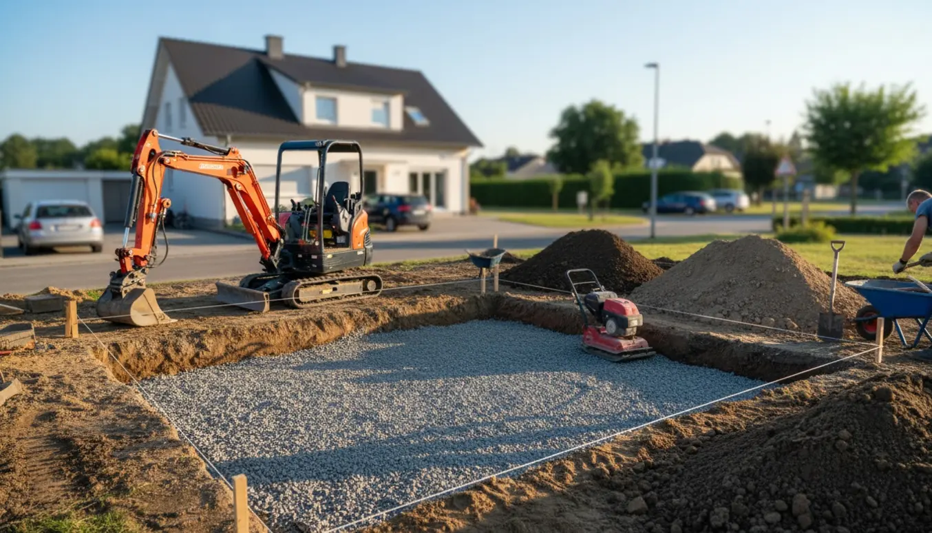 Udkørselsgravning til bilholdeplads med minigraver, jordbunker og markerede snore.