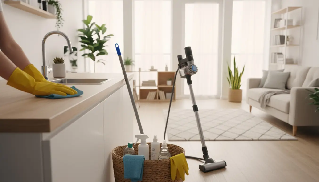 Hænder i gummihandsker tørrer en køkkenbordplade i en lys, ryddelig lejlighed med rengøringsudstyr i forgrunden.