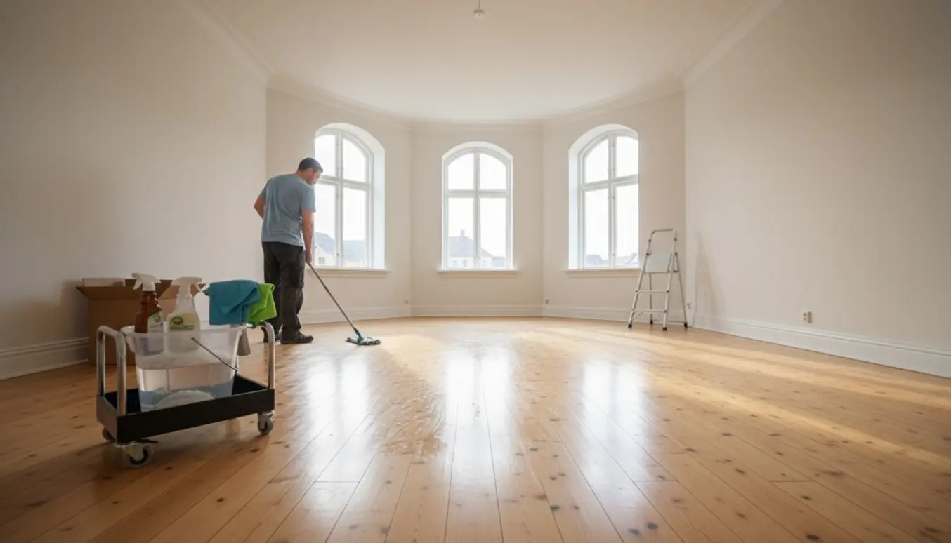 Flytterengøring i lyst rækkehus med højt til loftet, rengøringsudstyr og nyligt vasket trægulv.