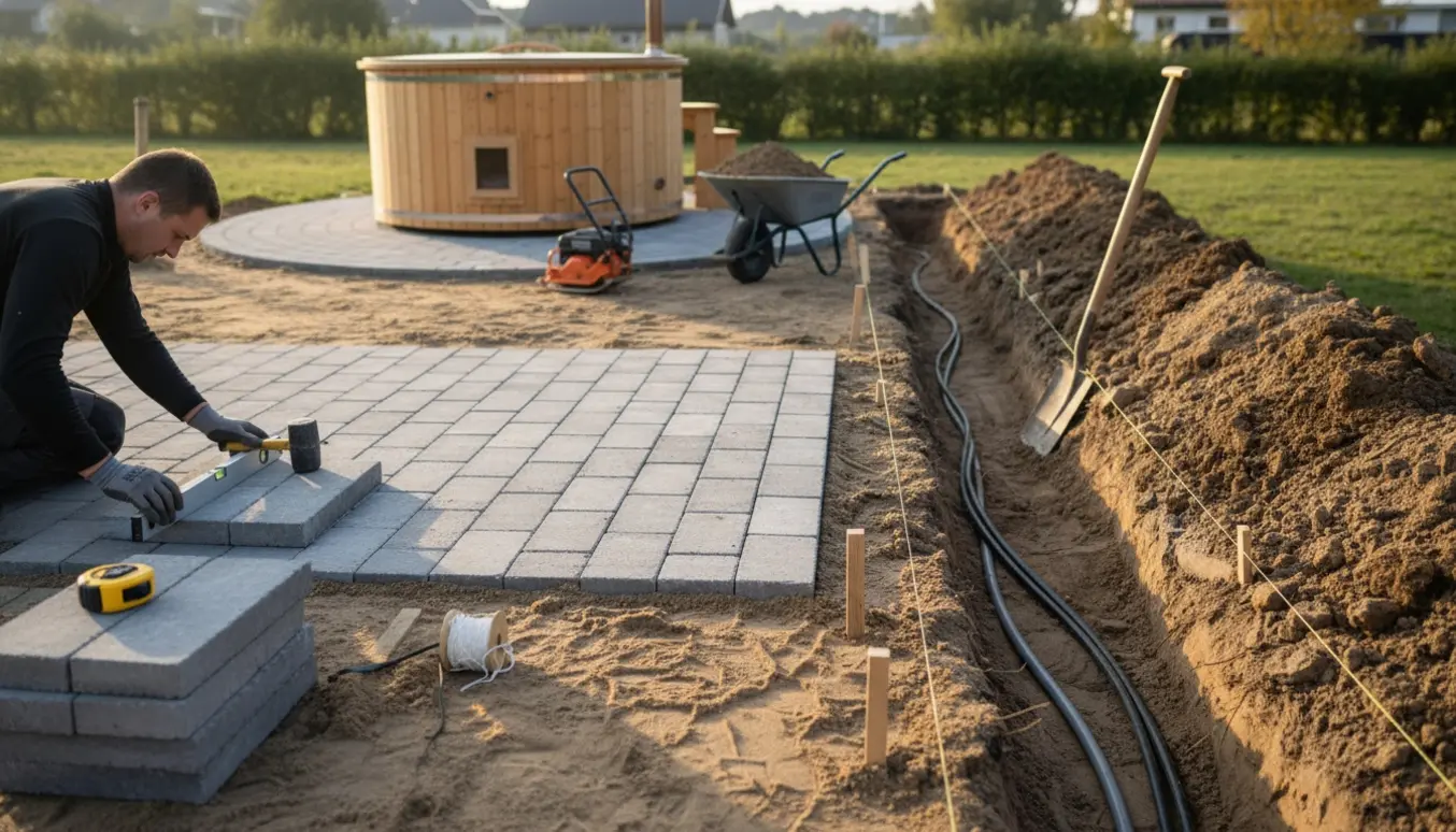 Have med gravet kabelgrøft og et 2,5 x 2,5 m fliseareal, hvor fliser lægges til et vildmarksbad.