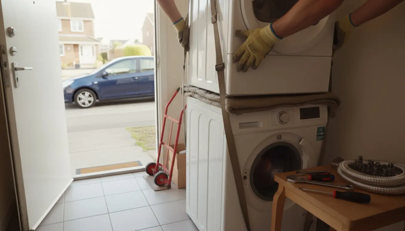 Tørretumbler løftes forsigtigt af en vaskemaskine i en stuelejligheds vaskeniche, med handsker, værktøj og en sackevogn klar ved døren.
