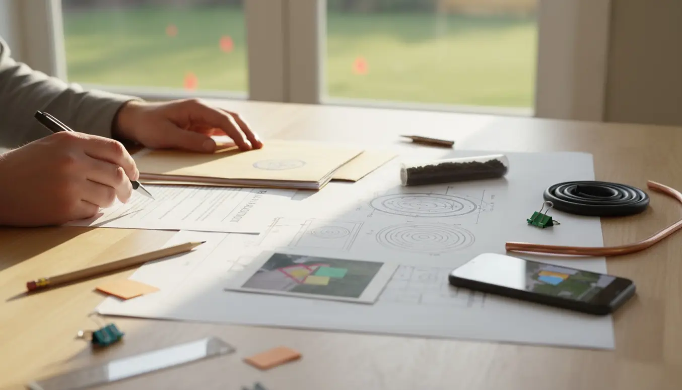 Hænder ved et bord med skemaer, jordvarmeplan og rørprøve klar til at sende en ansøgning til kommunen.