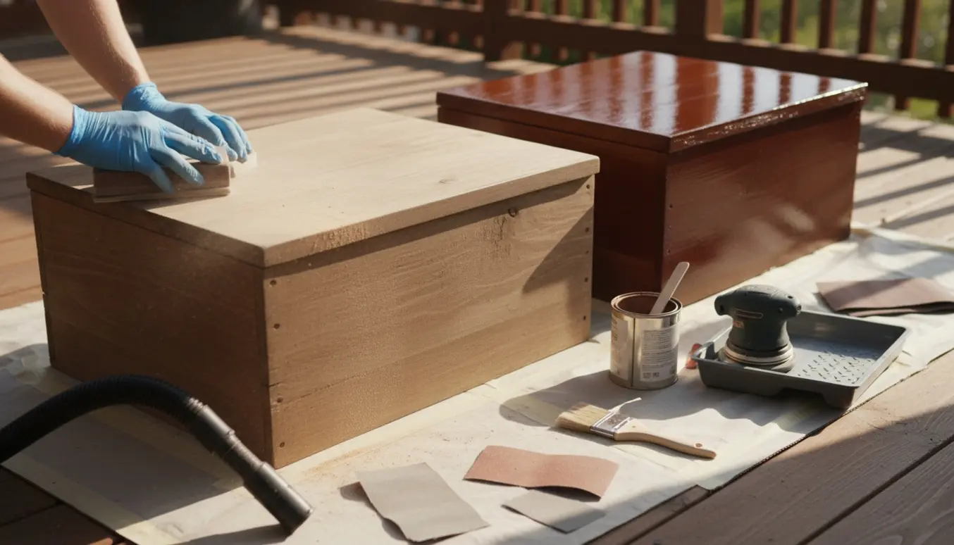 To kasser på en terrasse, hvor toppen slibes og males med beskyttelse mod malerpletter.