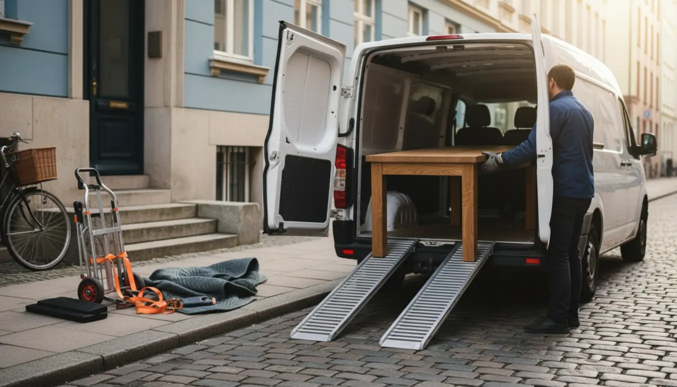 Et træspisebord skubbes ind i en varevogn uden for en lejlighed, klar til transport.