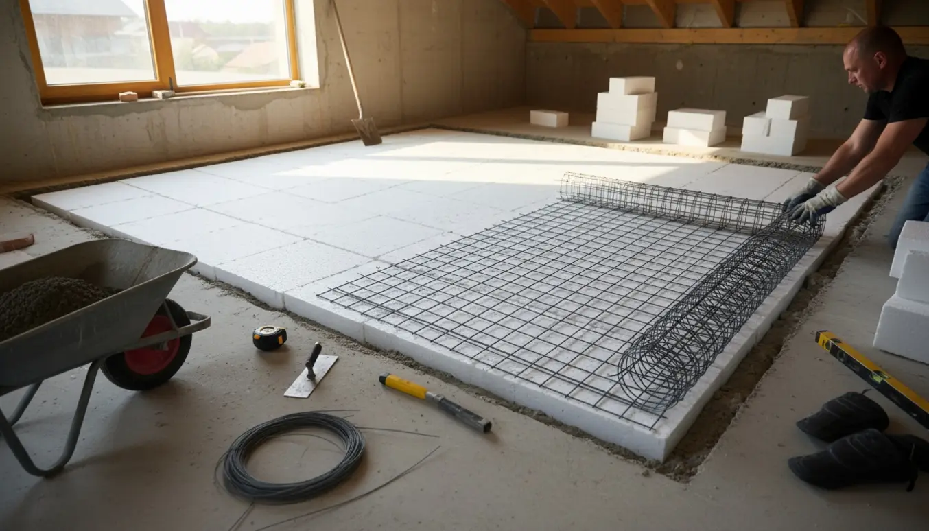 Indvendigt byggearbejde med flamingo-isolering lagt og rionet rullet ud klar til betongulv.