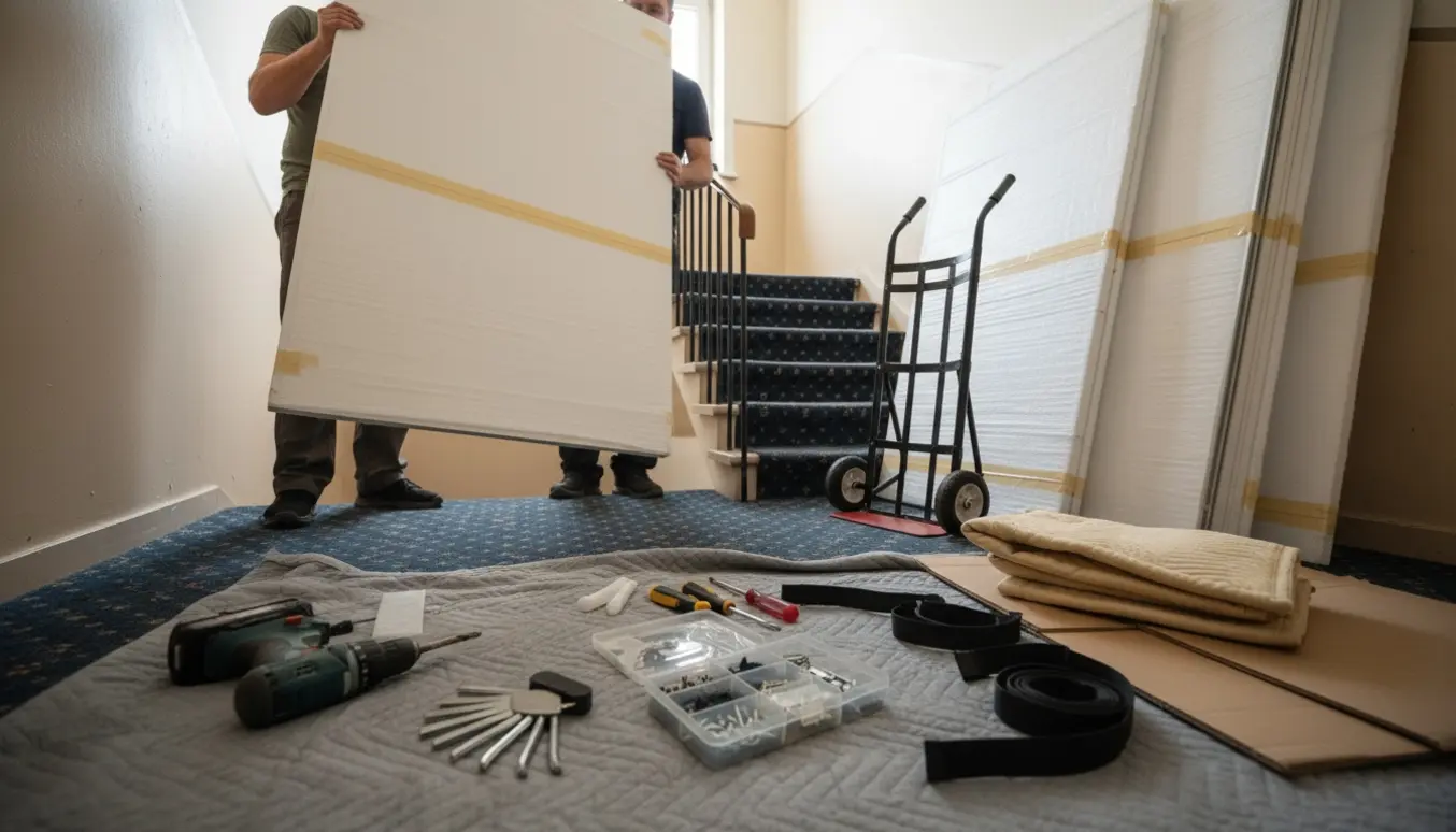 To flyttemænd bærer et afmonteret garderobepanel op ad en trappe med værktøj og beskyttelsesmåtter i forgrunden.