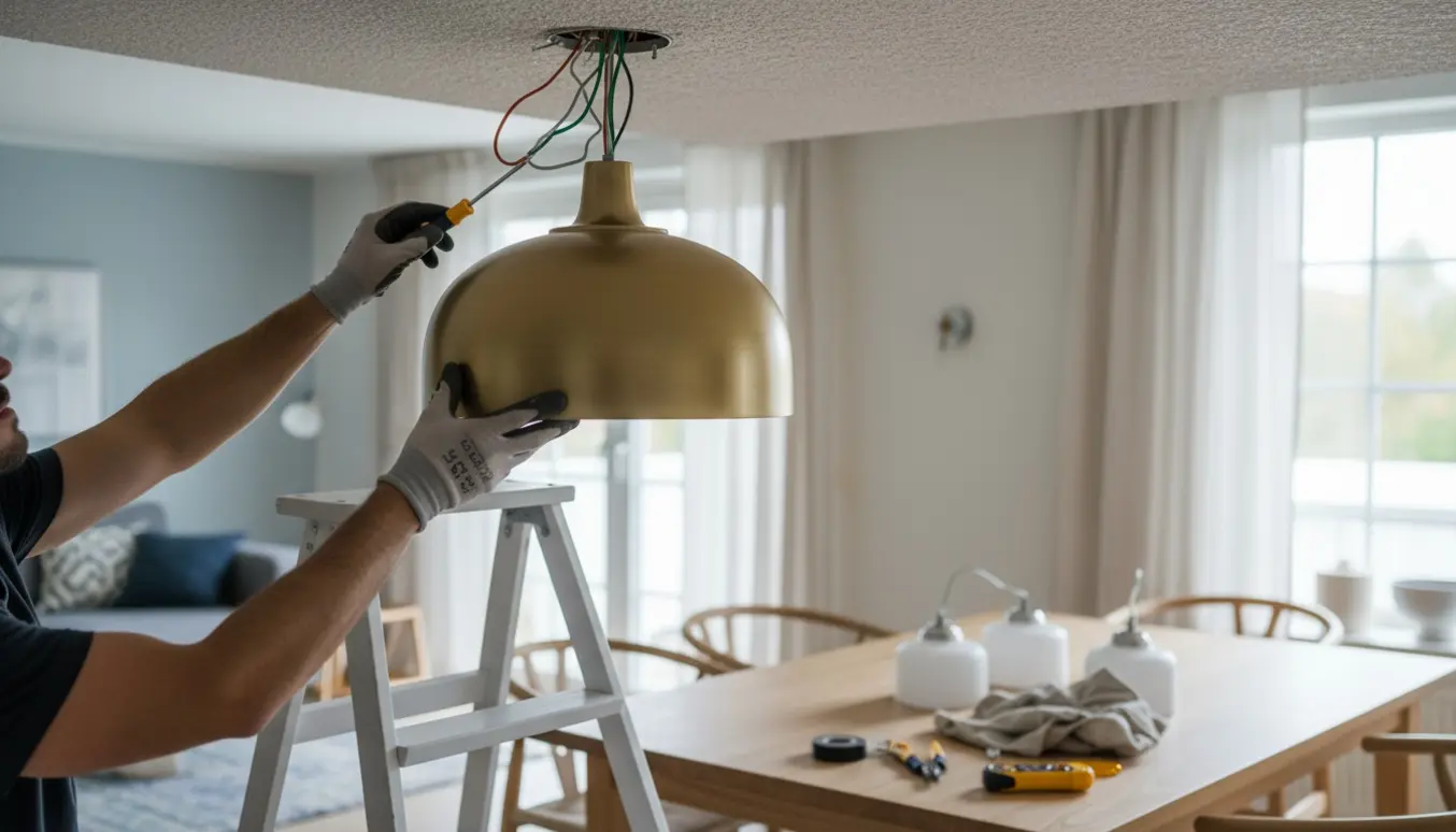 En montør monterer en stor loftlampe, mens to små pendler ligger afmonteret på bordet.