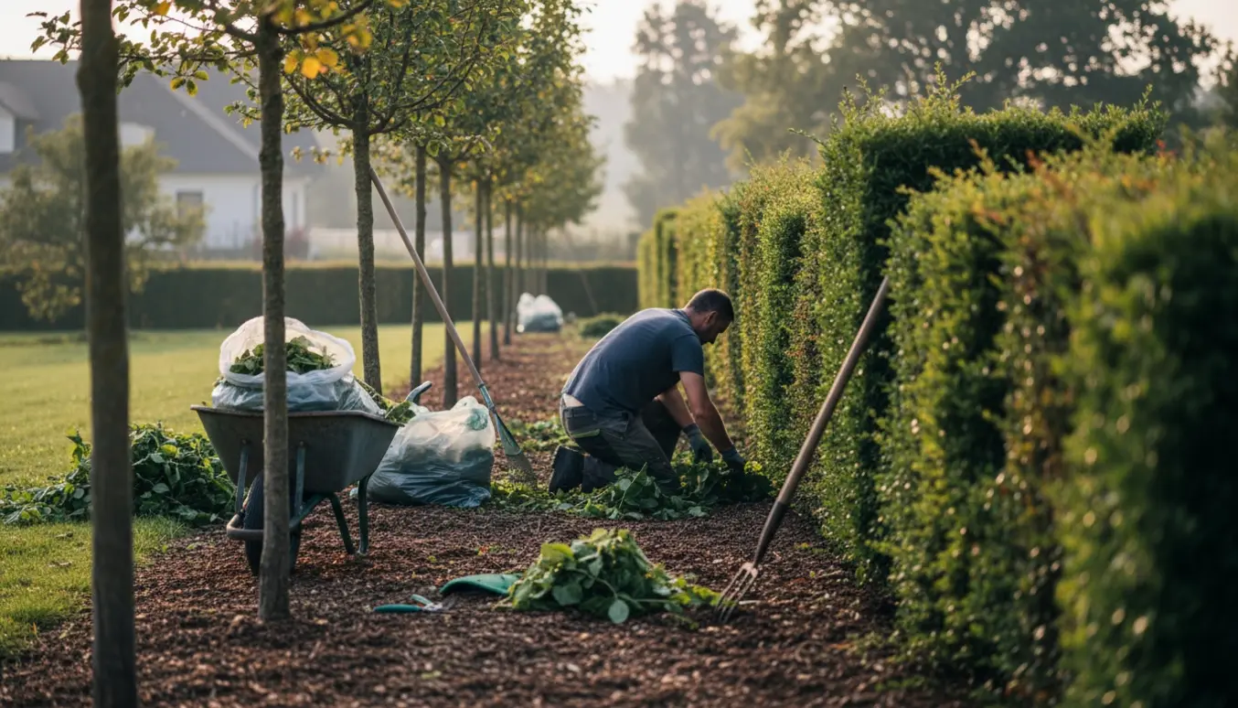 Nyklippet lang hæk langs havelinjen med bunker af afklip og en havearbejder, der trækker ukrudt i bedet ved træerne.