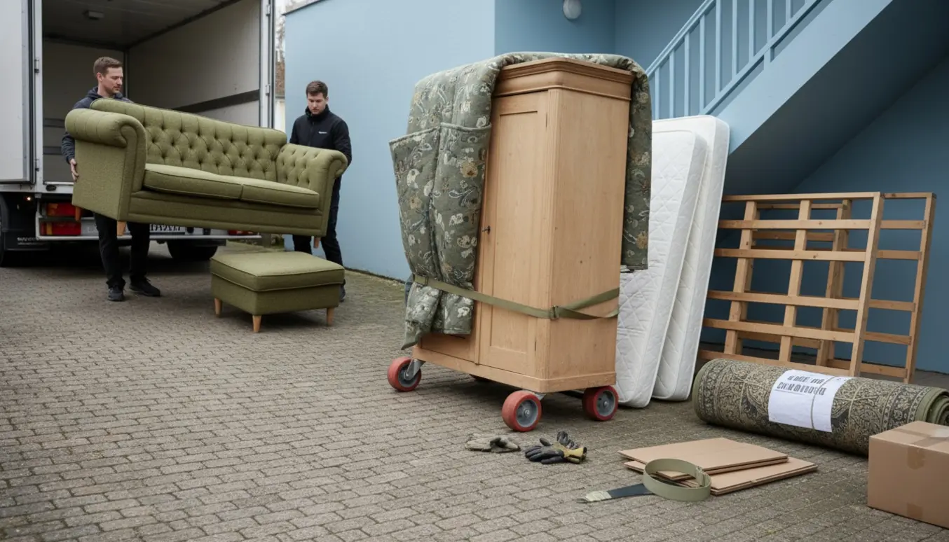 To flyttemænd bærer en sofa gennem en garageopkørsel i Valby med møbler og madrasser klar ved lejligheden.