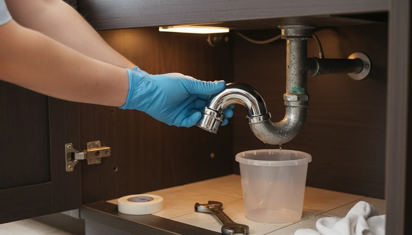 Hænder udskifter en gennemtæret vinkelrør under en vask med skruenøgle og spand til opsamling af dryp.