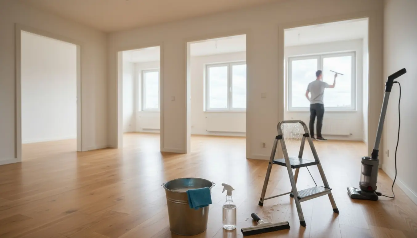 Soloplyst tom lejlighed med rengøringsudstyr og skinnende vinduer under slutrengøring.
