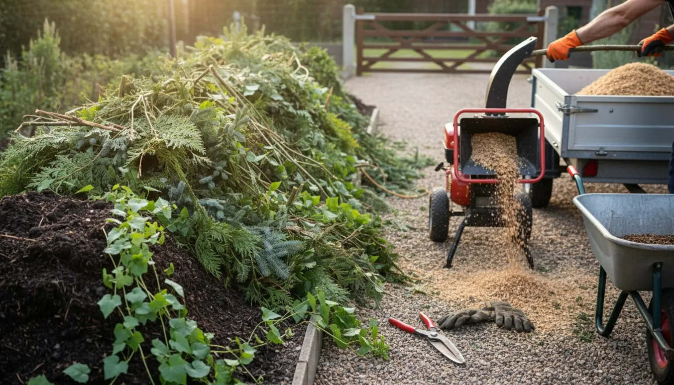 Stor bunke grene ved en flishugger og en kompostbunke dækket af snerle klar til bortskaffelse.