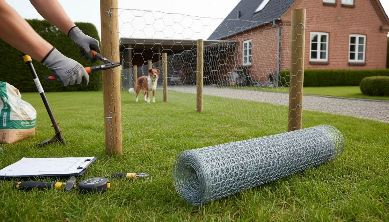 Nærbillede af hænder, der monterer hønsenet mellem træpæle i haven ved en privat villa, med værktøj og ruller af net i baggrunden.