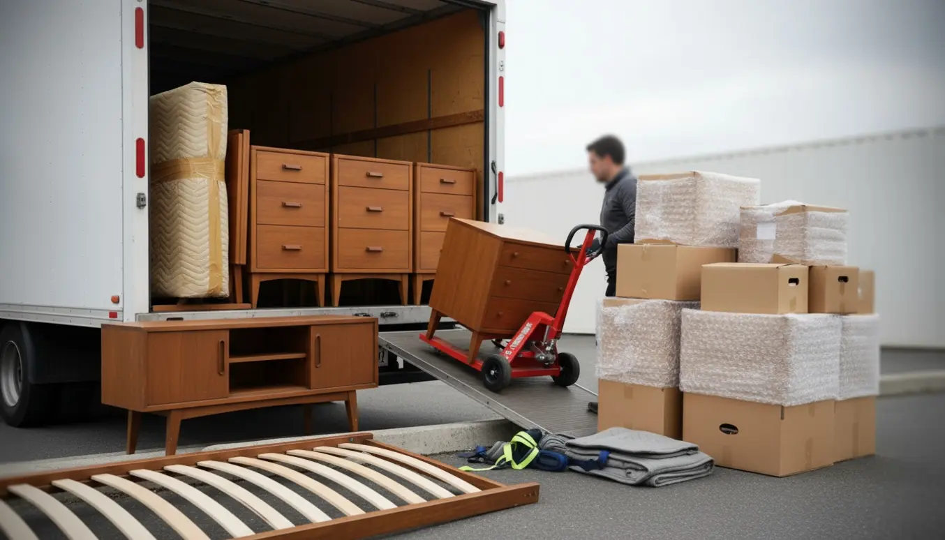Tre ens kommoder, en mindre kommode, spisebord, tv-bord og små kasser læsses ved en åben flyttebil.