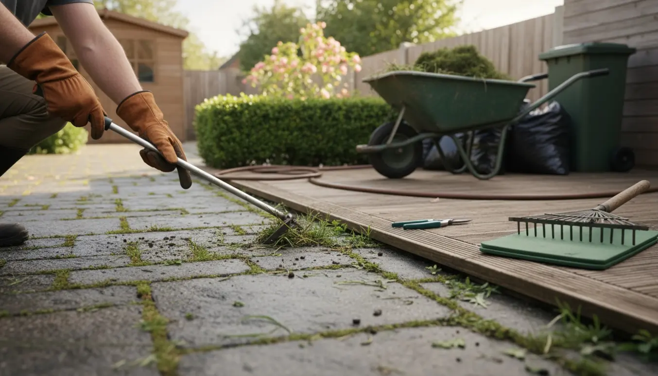 Hænder i havehandsker fjerner ukrudt mellem fliserne med en trillebør fyldt med ukrudt og hækkeklippet ved siden af.