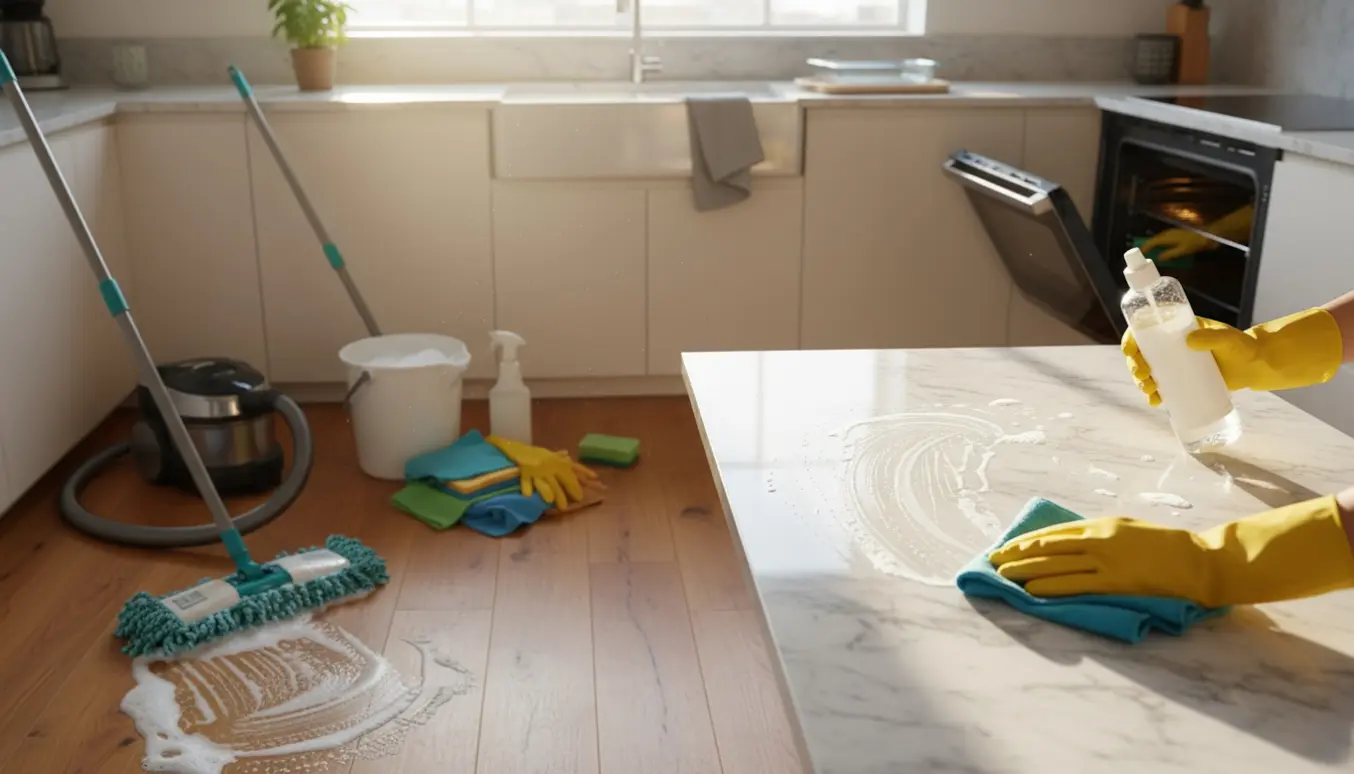 Hænder i gummihandsker rengør køkkenet med støvsuger, moppe og klud i solrigt køkken.