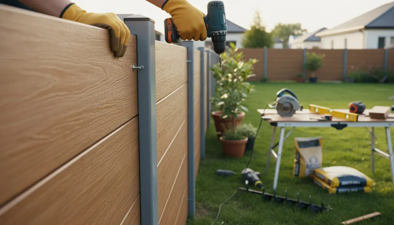 Nærbillede af montering af komposithegn i en baghave med værktøj og tydelig plankestruktur.