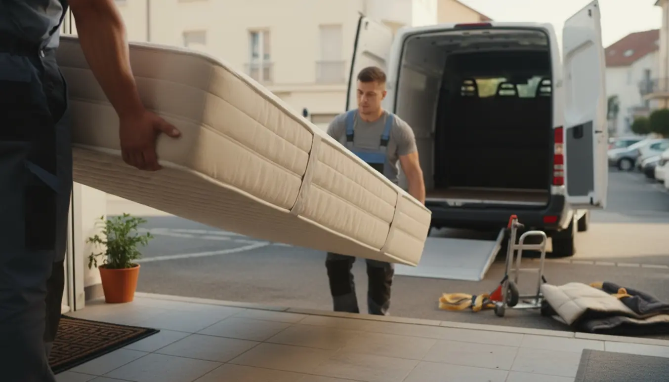 To flyttemænd bærer en 140 cm madras fra stueetagen ud til kantstenen ved en åben leveringsvogn.