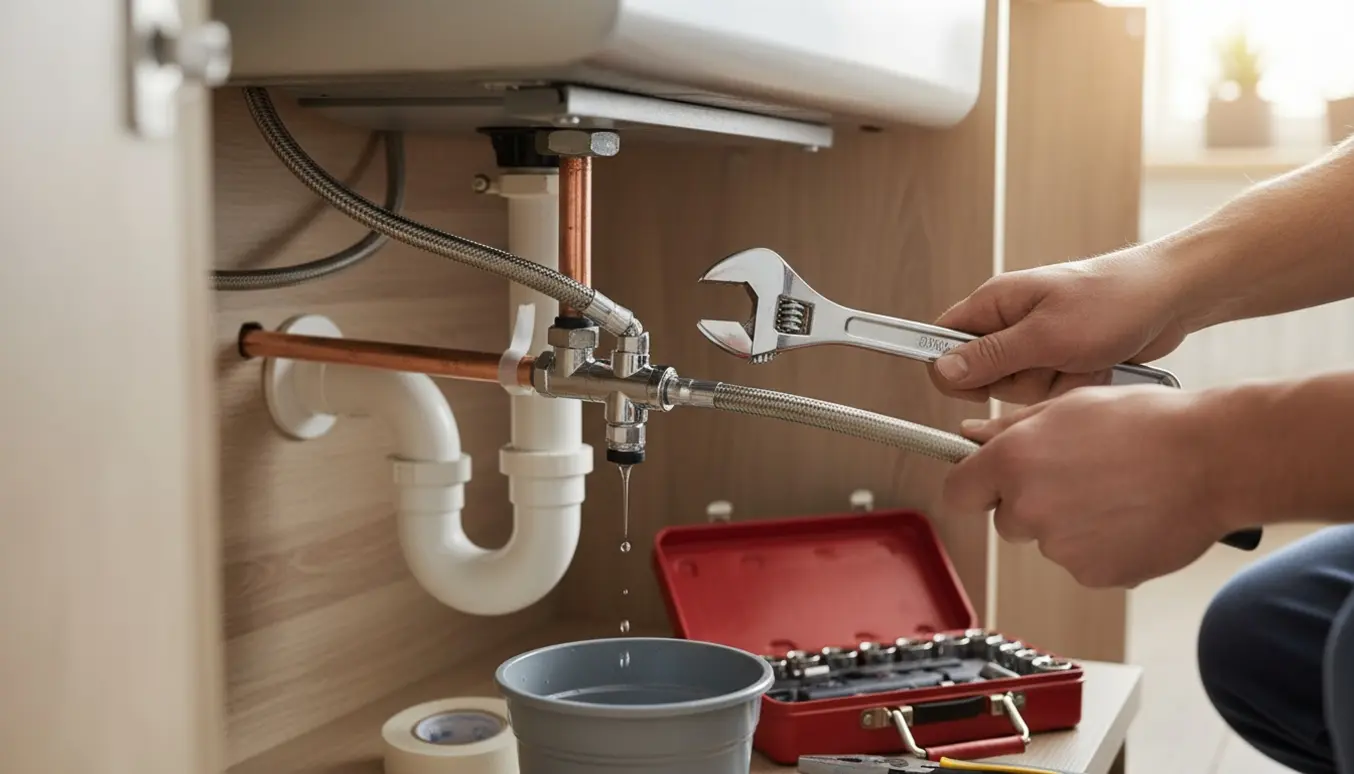 Håndværker udskifter ventil til opvaskemaskine under køkkenvasken.