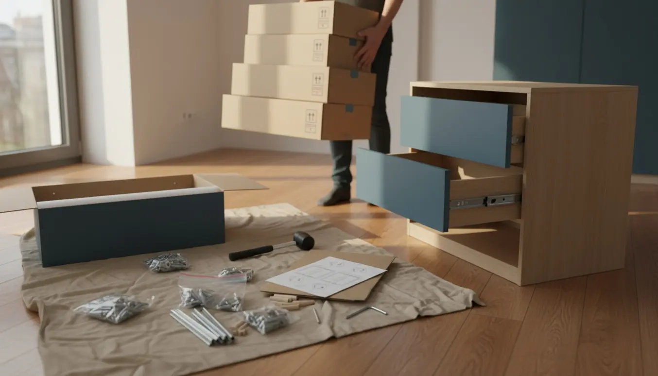 Person bærer flere flade møbelkasser ind i en stue ved en delvist samlet kommode med møbeldele på gulvet.