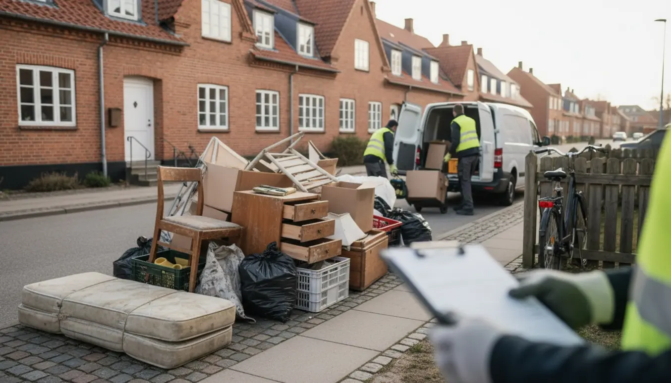 Storskrald lagt ud på gadeplan i Næstved klar til afhentning af en varebil, med arbejdshænder og værktøj i fokus.