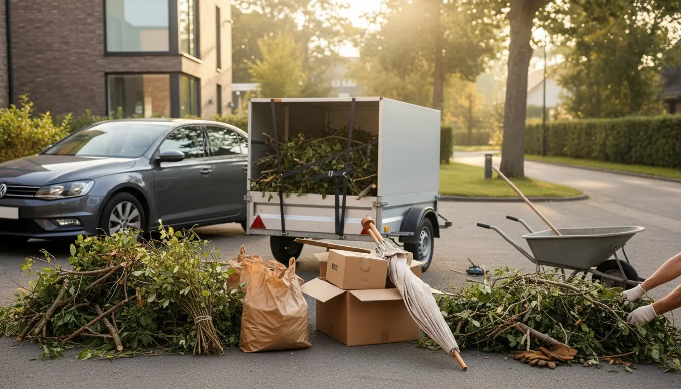 Stak haveaffald, pap og en sammenklappet parasol ved en lukket trailer klar til afhentning.