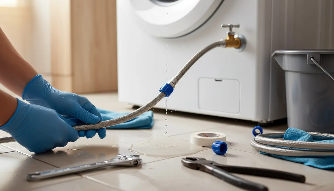 Utæt blå fitting ved vandtilslutningen til en hvid vaskemaskine med værktøj og en spand på et vådt flisegulv.