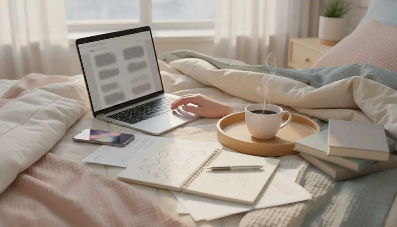 Hænder skriver på en bærbar i sengen med en sløret webside, notesblok og kaffe klar til at oversætte en hjemmeside.