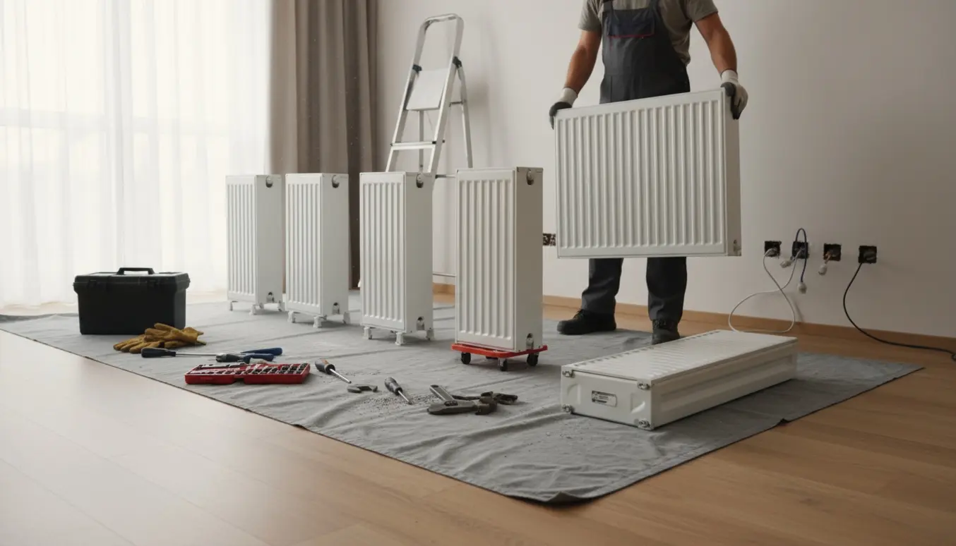 Tekniker afmonterer en elradiator i et lyst hjem, med handsker og værktøj ved siden af flere radiatore.