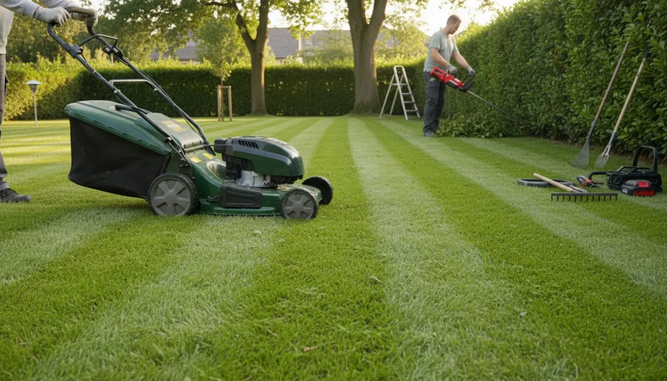 Plæneklipper skaber striber på en nyklippet græsplæne mens en hækkesaks rydder kanterne rundt om grunden.