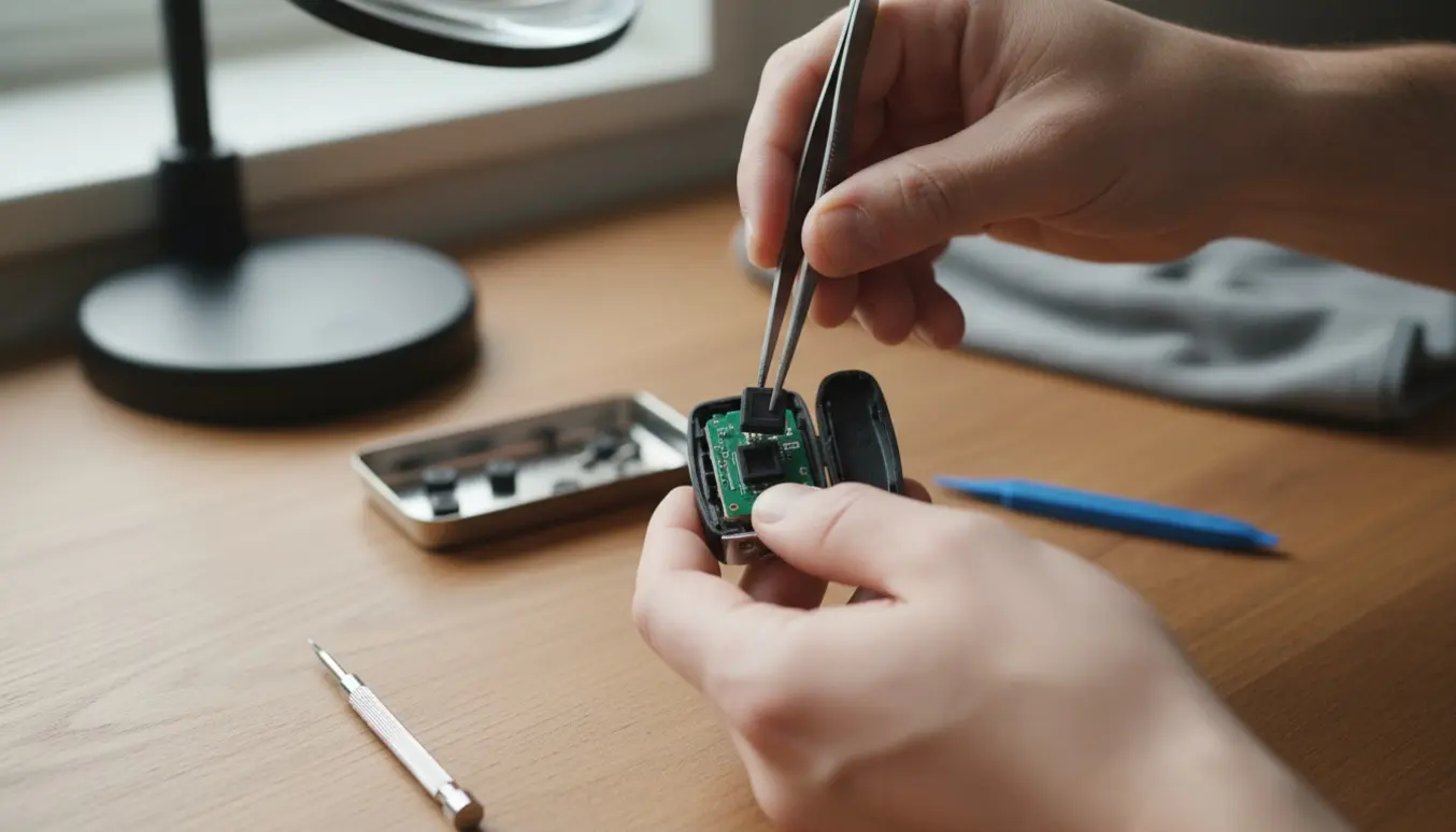 Nærbillede af hænder, der udskifter en trykknap i en Peugeot 207-fjernbetjening på et rent bord.