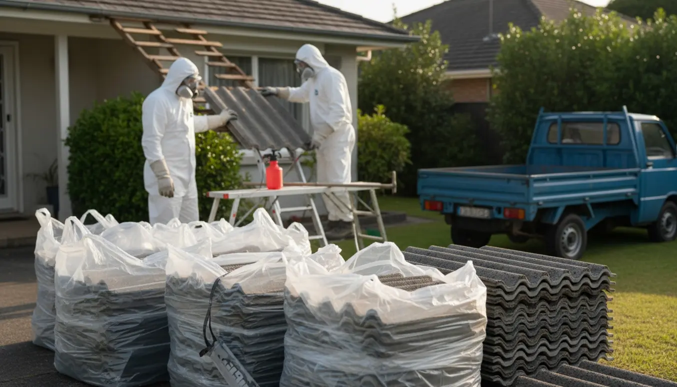 Arbejdere i beskyttelsesdragter fjerner og indpakker eternitplader fra et enfamiliehus, med poser klar til aflevering.