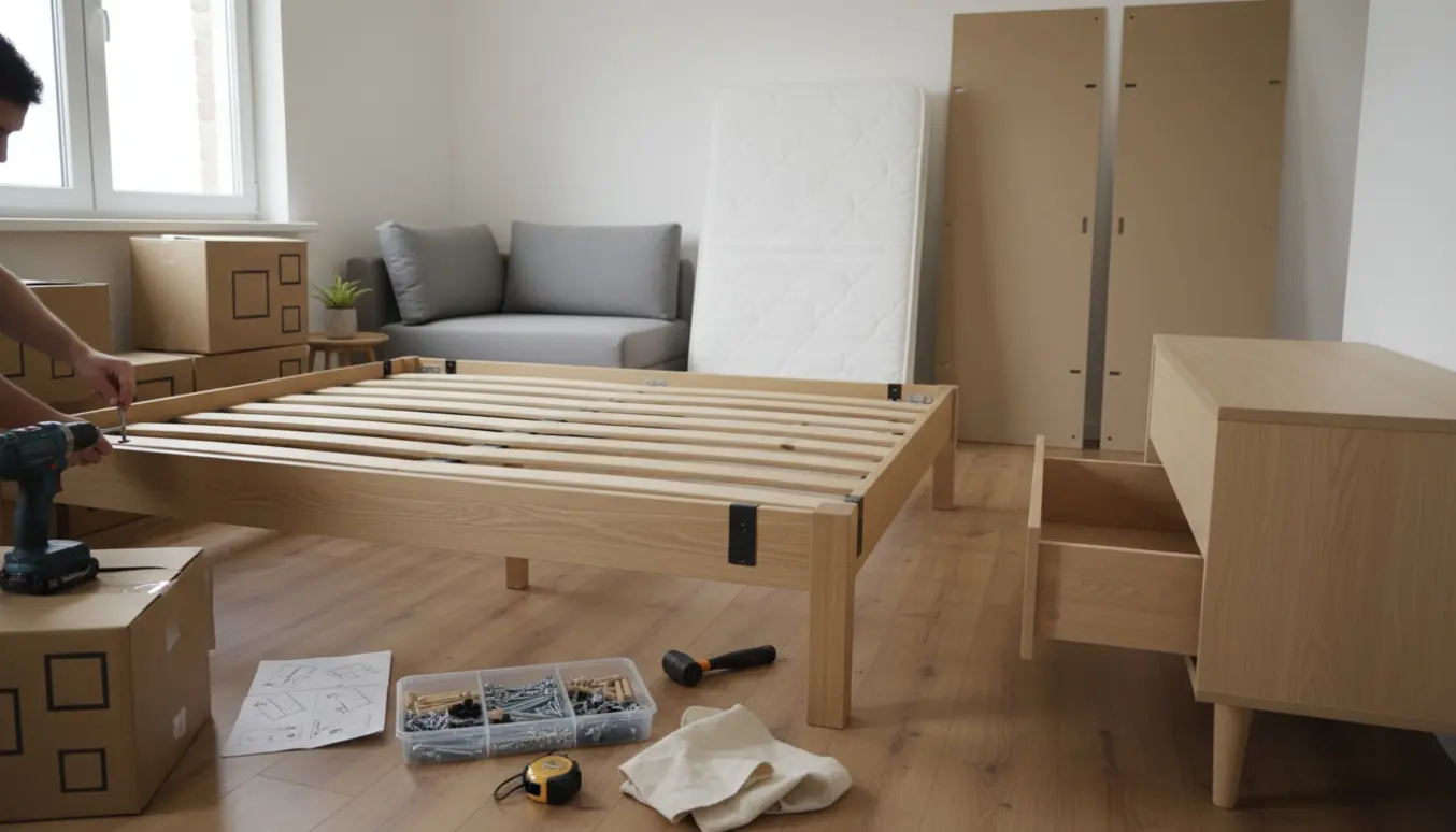 Delvist samlet dobbeltseng, kommode og garderobepaneler i en lys lejlighed med værktøj på gulvet.