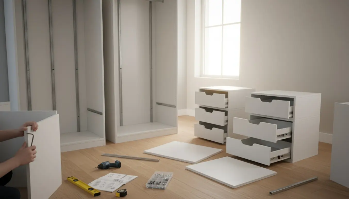 Delvist samlet PAX-garderobe ved siden af et eksisterende skab og to Nordli-kommoder under samling med værktøj.