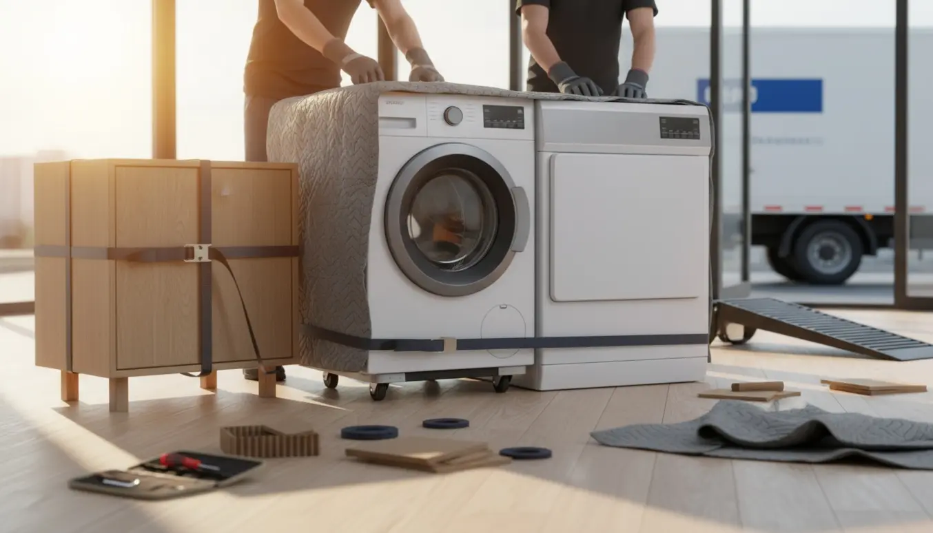 Flyttefolk forbereder opvaskemaskine, vaskemaskine, tørretumbler og et pakket halvstort IKEA-skab i en lys lejlighed.