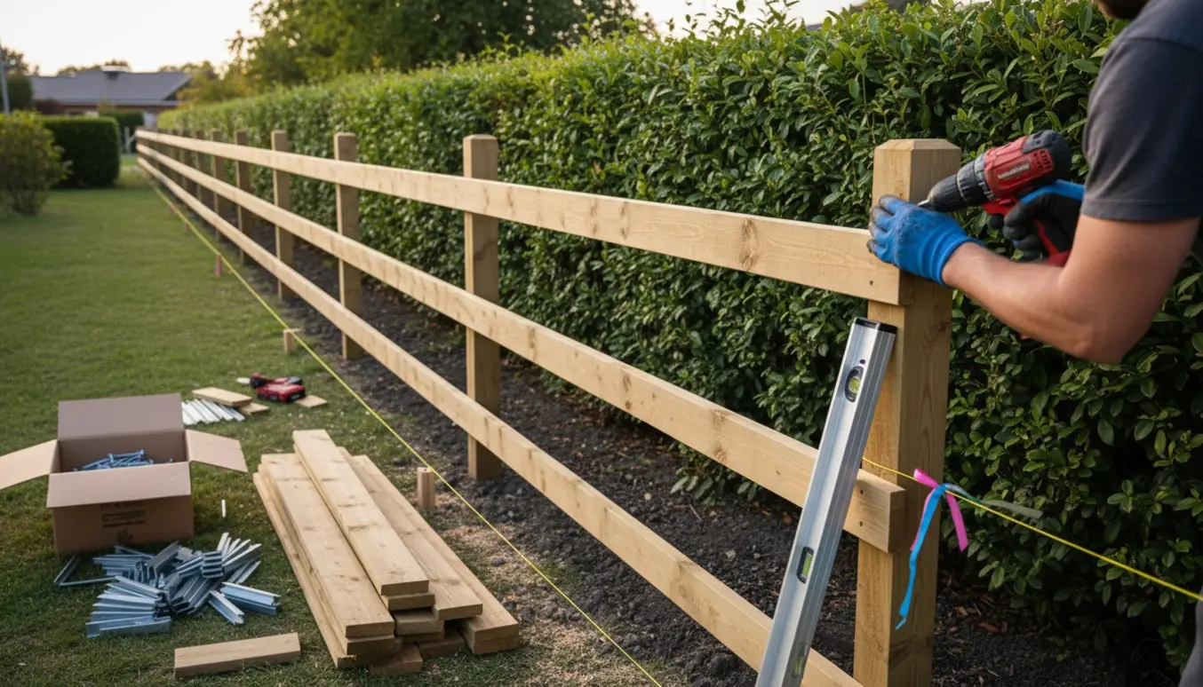 Raftehegn delvist monteret med stak færdigskårne lægter og hænder, der fastgør en lægte nær en hæk.
