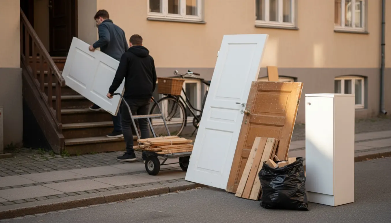 Personer bærer døre, et badeværelsesskab og løse træplader ned ad en trappe og placerer dem ved storskrald på Amager.