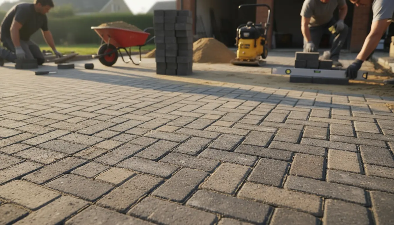 Halvfærdig indkørsel foran et hus med nye fliser, værktøj og materialer, uden tydelige ansigter.