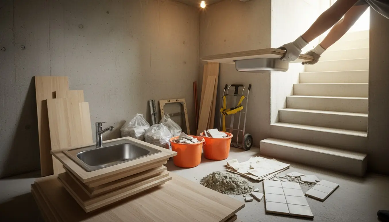 Kælderrum med afmonterede køkkenmaterialer sorteret i spande og gennemsigtige sække ved en trappe med seks trin.