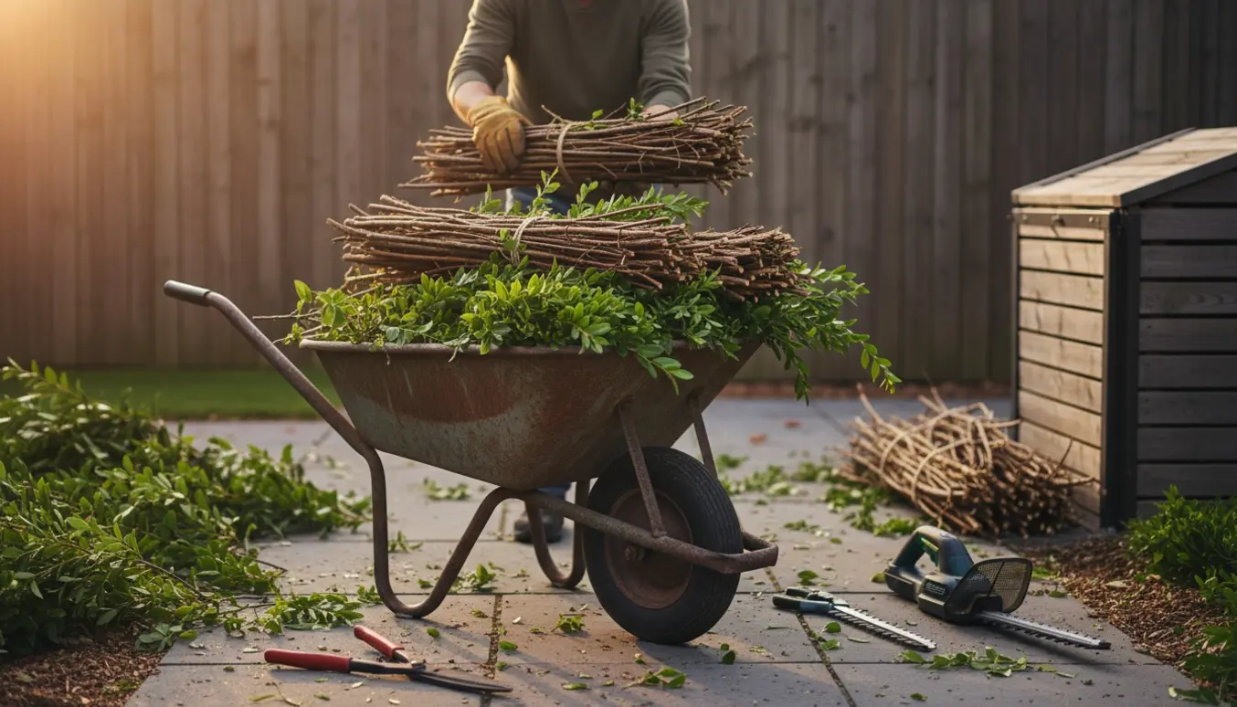 Aftenscene i haven med en trillebør fyldt med hækafklip og stabler af grene.