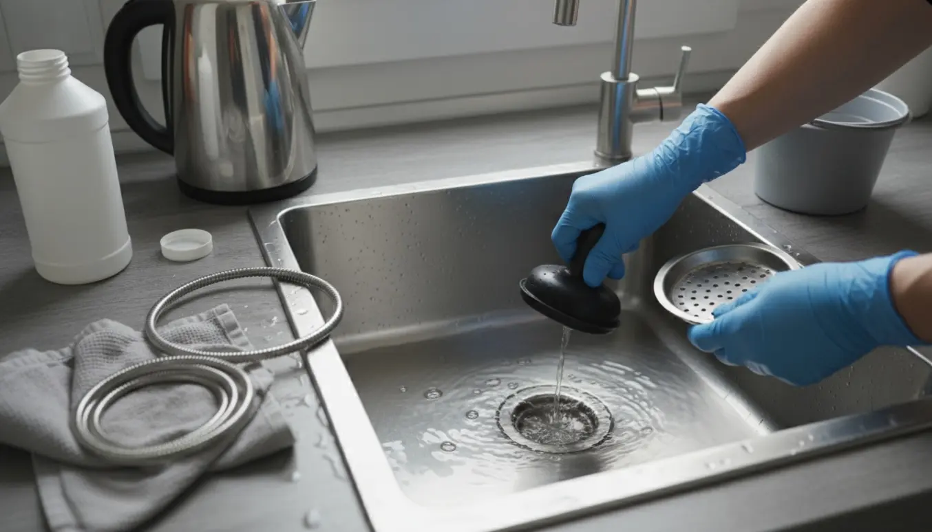 Nærbillede af en køkkenvask med stillestående vand og handsker, der bruger en svupper til at rense afløbet.