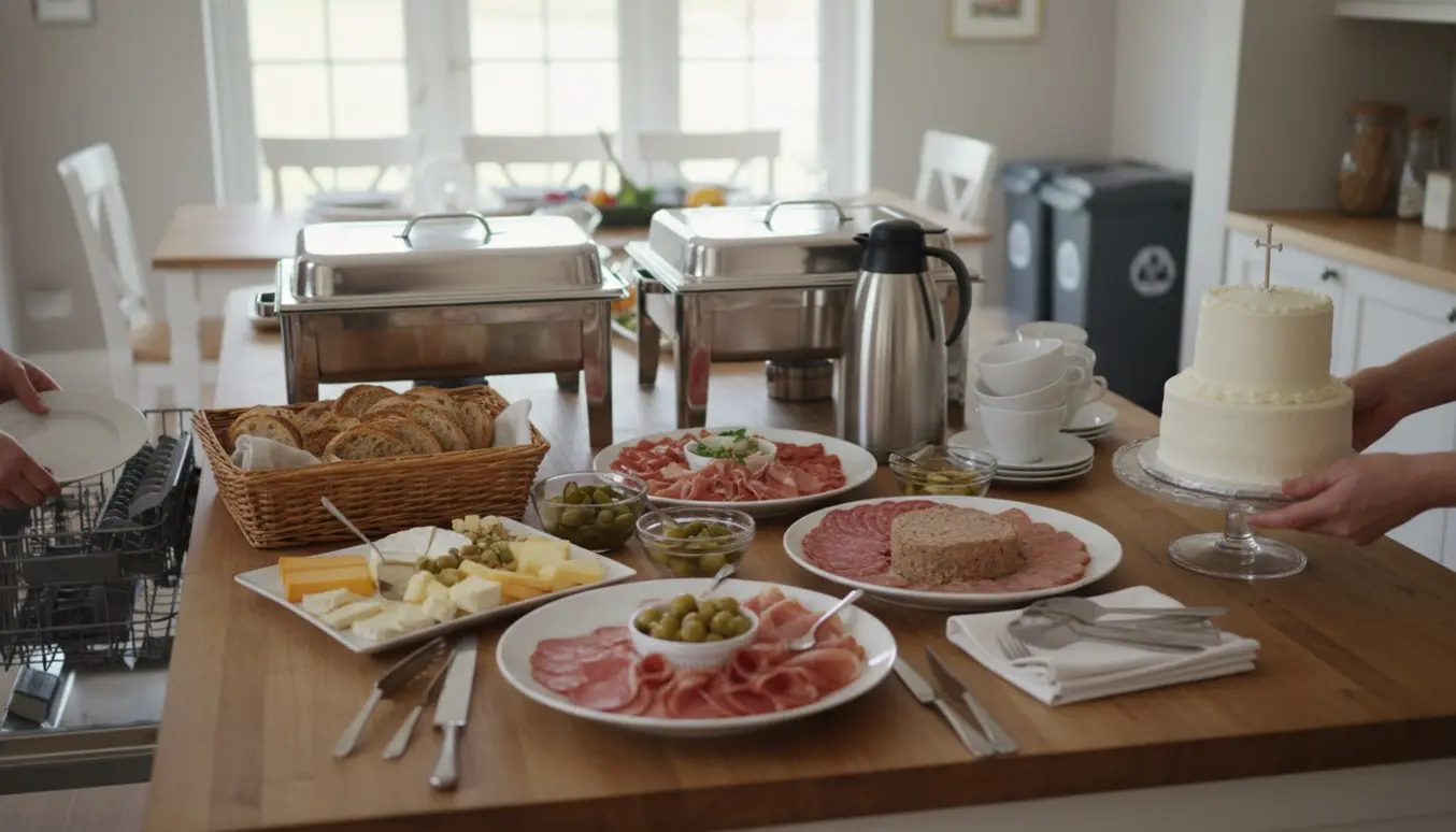 Køkkenø med tapas, kaffe og kage klar til servering ved en barnedåb.